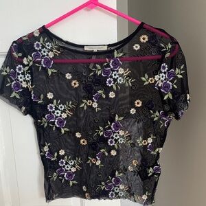 Urban Outfitters Black Sheer Floral Embroidered Top